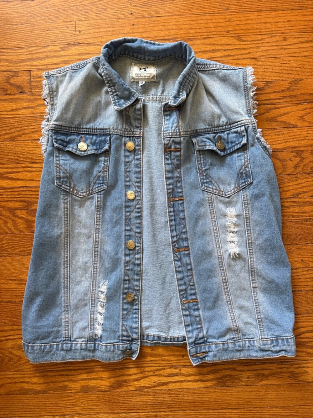 Unisex Light Wash Distressed Sleeveless Denim Vest Medium